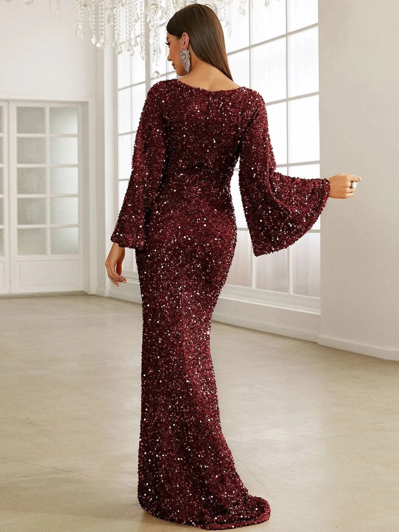 Sequined Long Sleeve Deep V Neck Elegant Slim Fit Evening Dress - Image 12