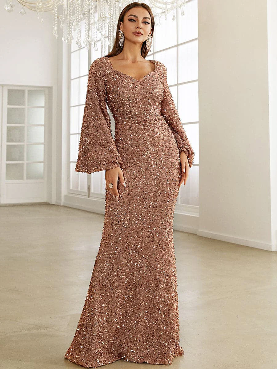 Sequined Long Sleeve Deep V Neck Elegant Slim Fit Evening Dress - Image 2