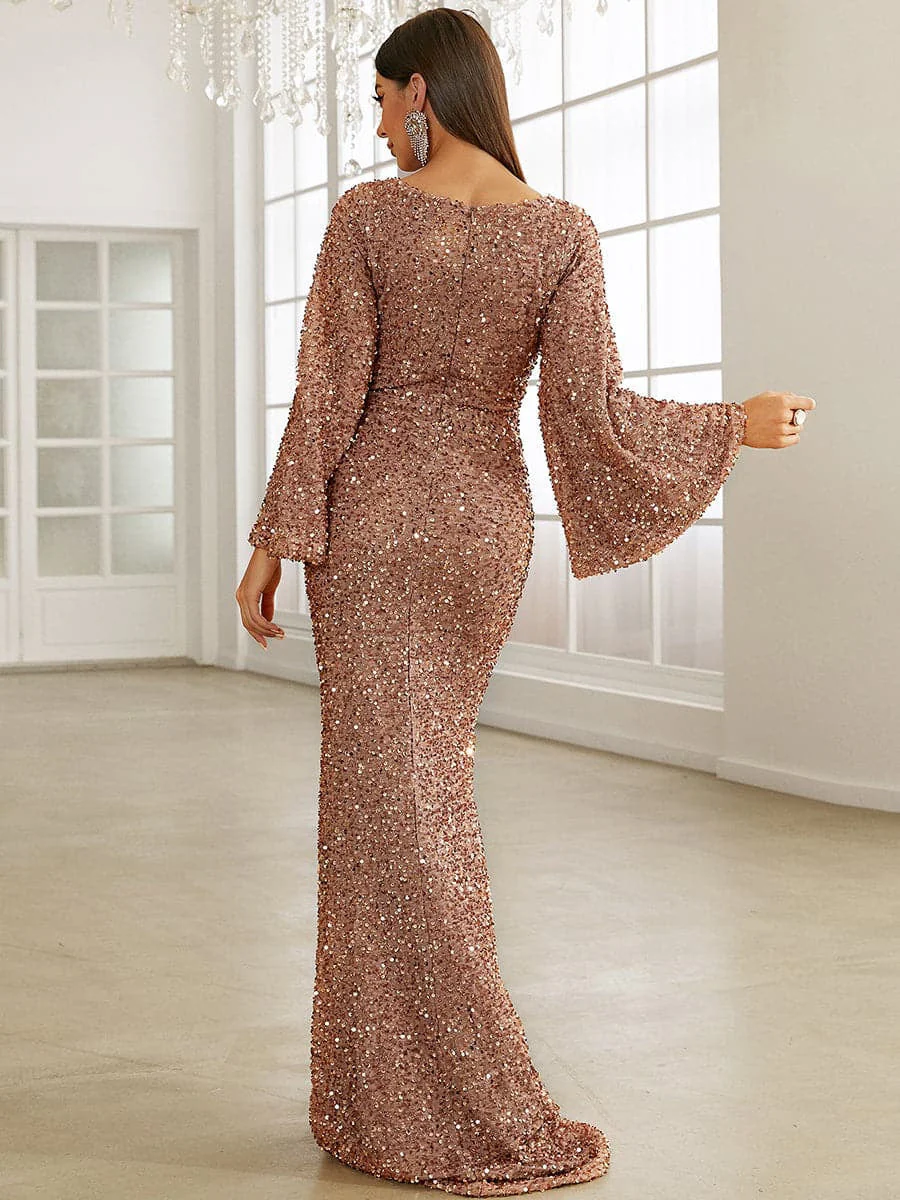 Sequined Long Sleeve Deep V Neck Elegant Slim Fit Evening Dress - Image 4