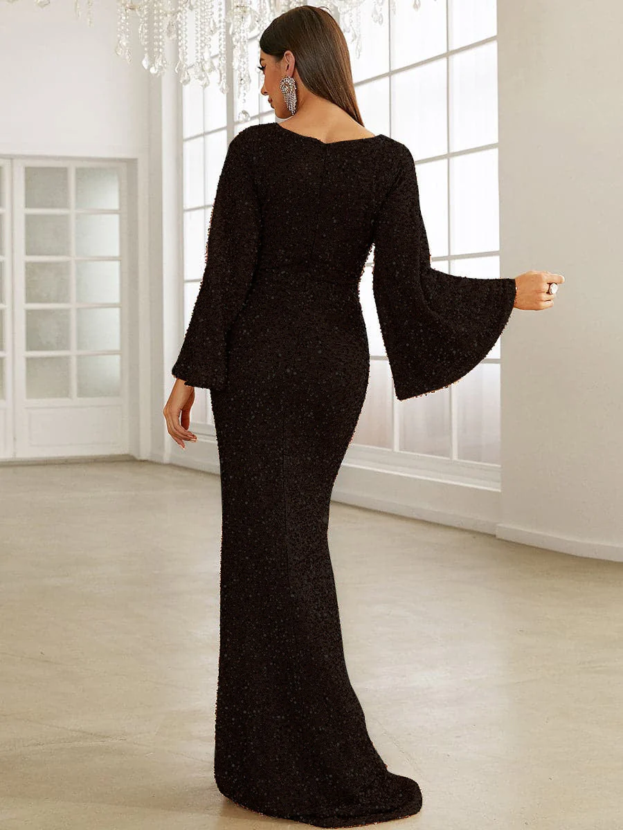 Sequined Long Sleeve Deep V Neck Elegant Slim Fit Evening Dress - Image 5