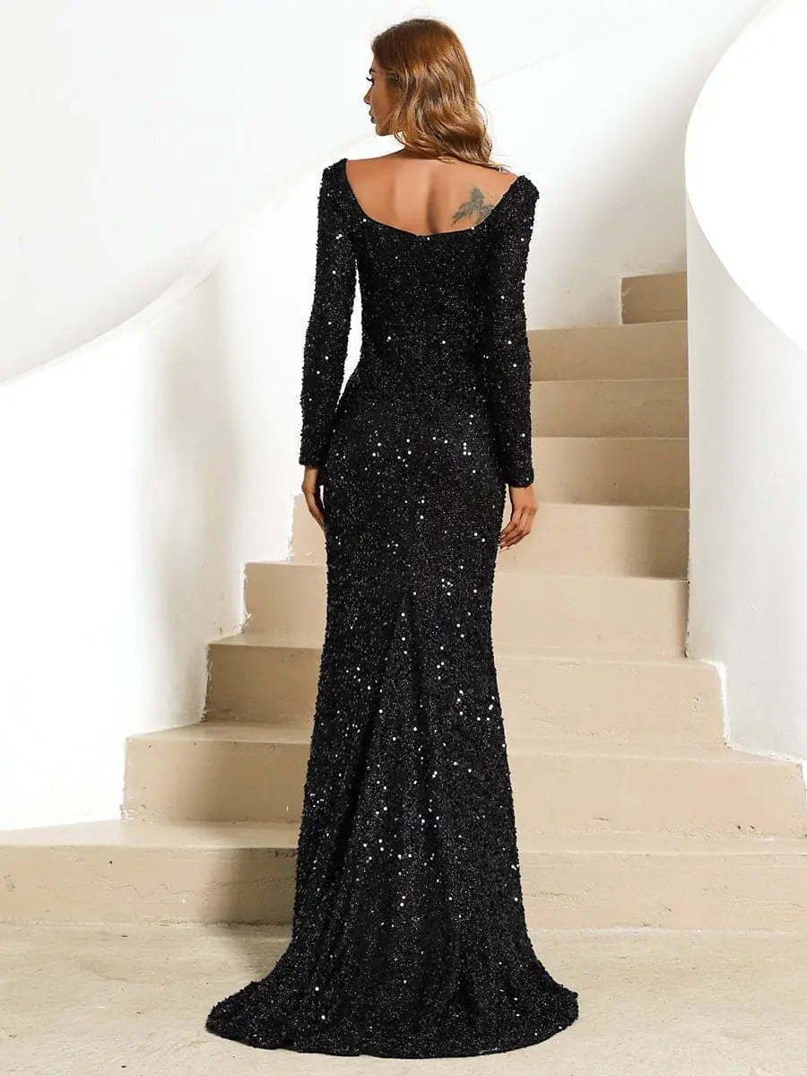 Sequined Long Sleeve Deep V Neck Elegant Slim Fit Evening Dress - Image 6