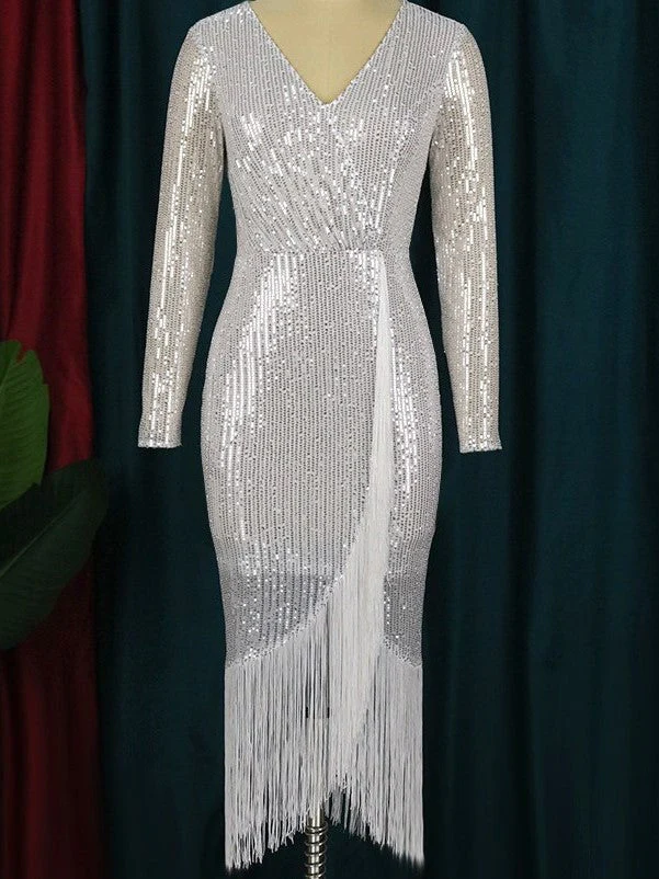Sequined High Stretch Slit Fringe Dress Cocktail Evening Dress - Image 2