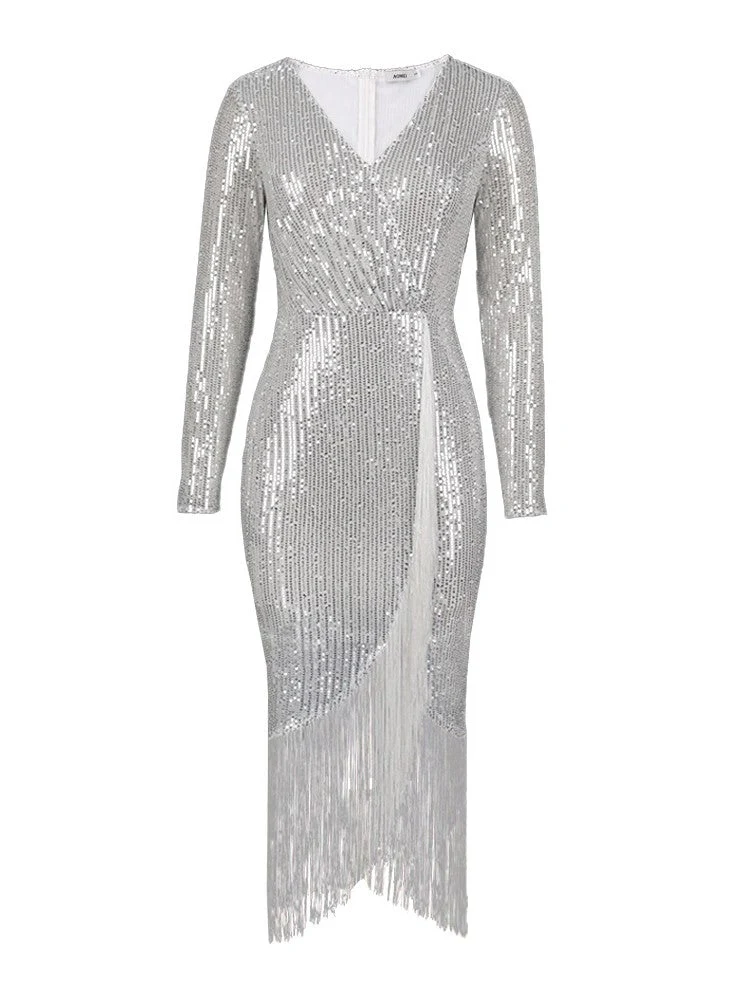 Sequined High Stretch Slit Fringe Dress Cocktail Evening Dress - Image 3