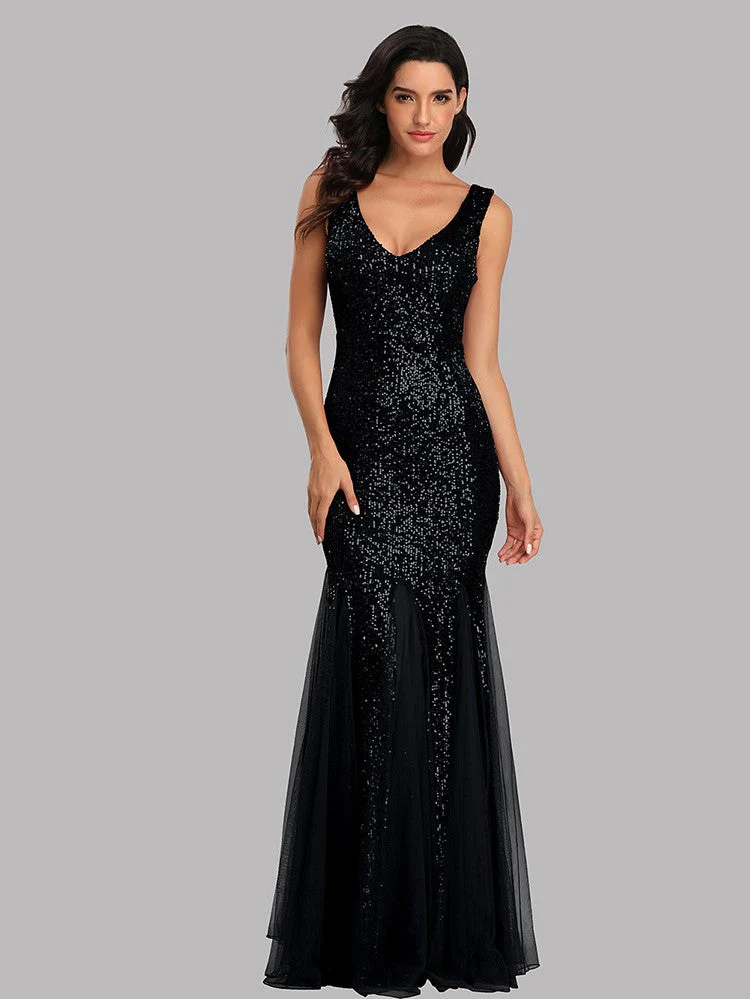 Sequin Panel Mesh Mermaid  Evening Dress Double V Neck Sleeveless Shiny Bridesmaid Dress - Image 2