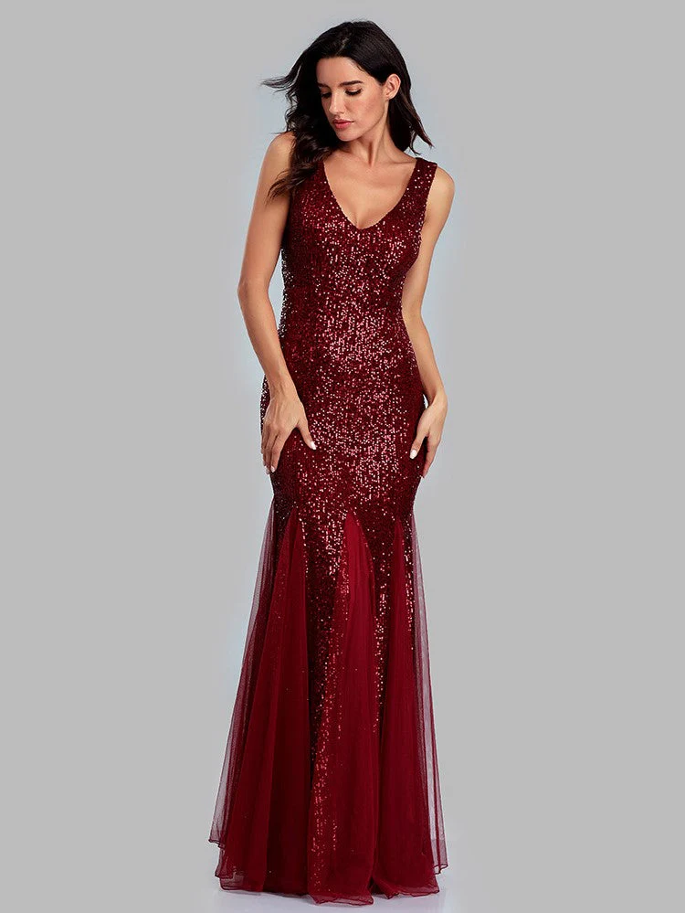 Sequin Panel Mesh Mermaid  Evening Dress Double V Neck Sleeveless Shiny Bridesmaid Dress - Image 3