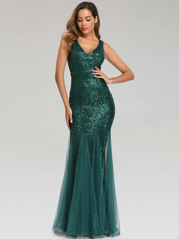 Sequin Panel Mesh Mermaid  Evening Dress Double V Neck Sleeveless Shiny Bridesmaid Dress - Image 4