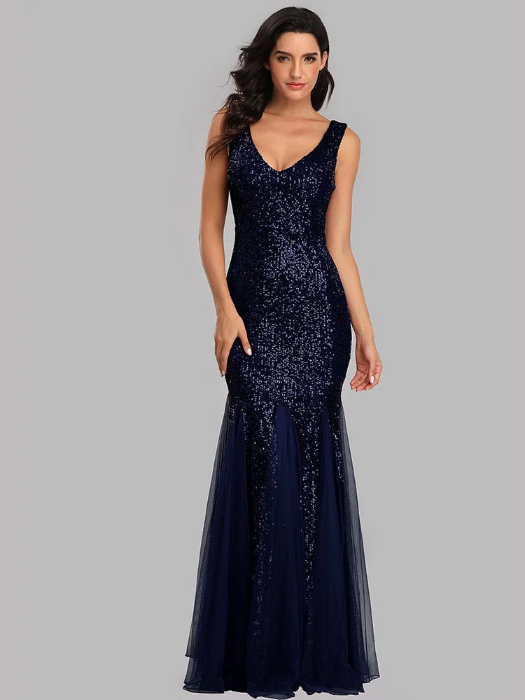 Sequin Panel Mesh Mermaid  Evening Dress Double V Neck Sleeveless Shiny Bridesmaid Dress - Image 5