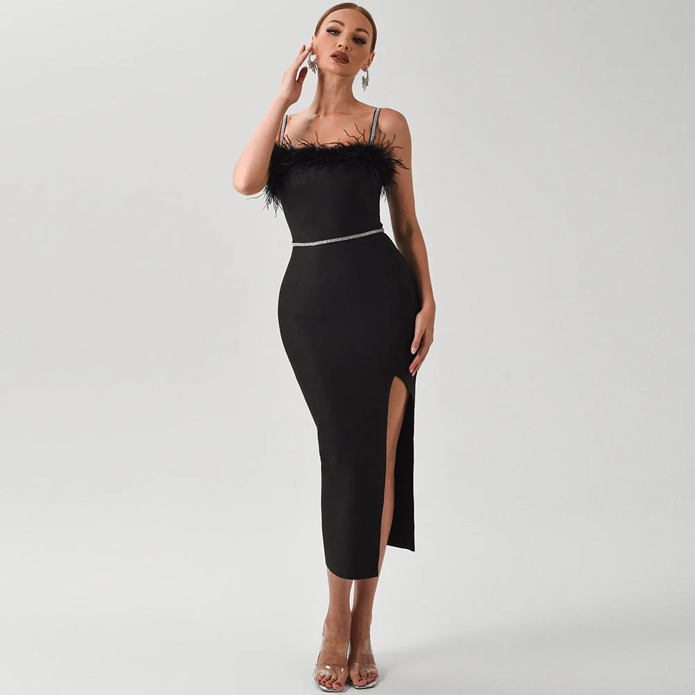 Strappy Sleeveless Feather Midi Bandage Dress - Image 2