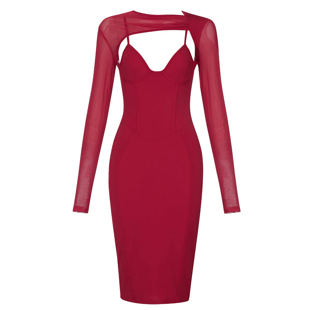 Round Neck Long Sleeve Cut Out Midi Bodycon Dress HB75430 - Image 4