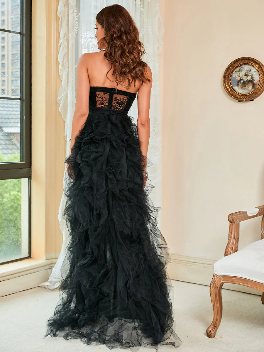 Strapless Netting Sheer Plumage Slit Evening Dress - Image 3