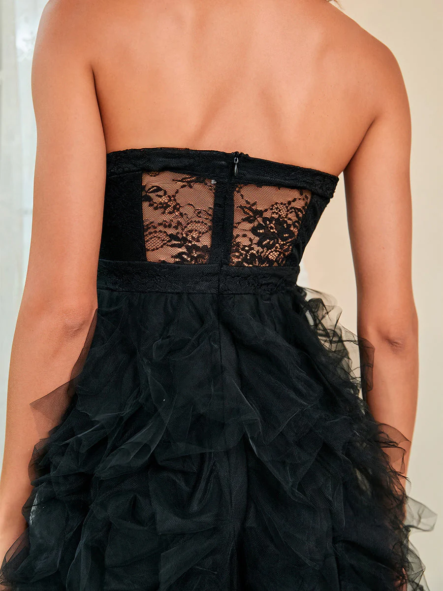 Strapless Netting Sheer Plumage Slit Evening Dress - Image 4