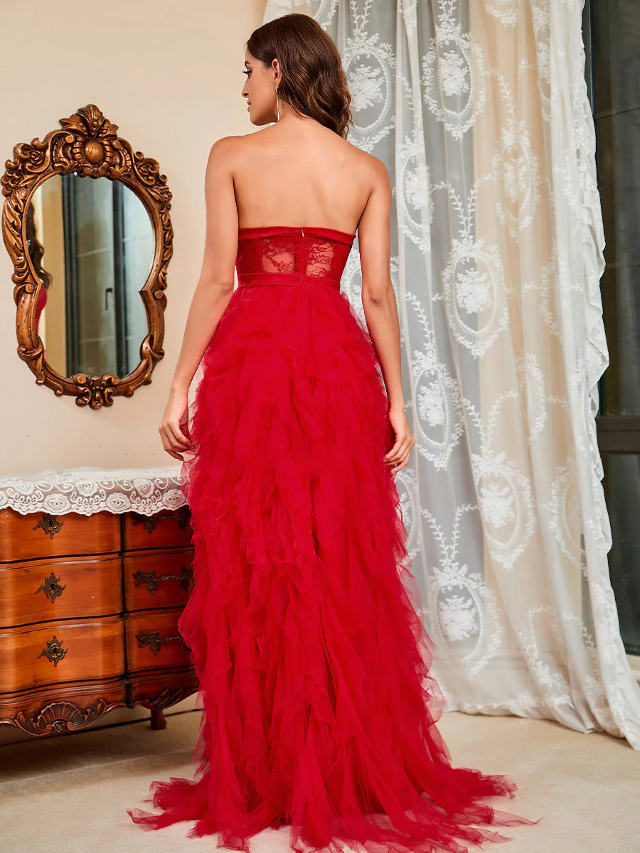 Strapless Netting Sheer Plumage Slit Evening Dress - Image 7