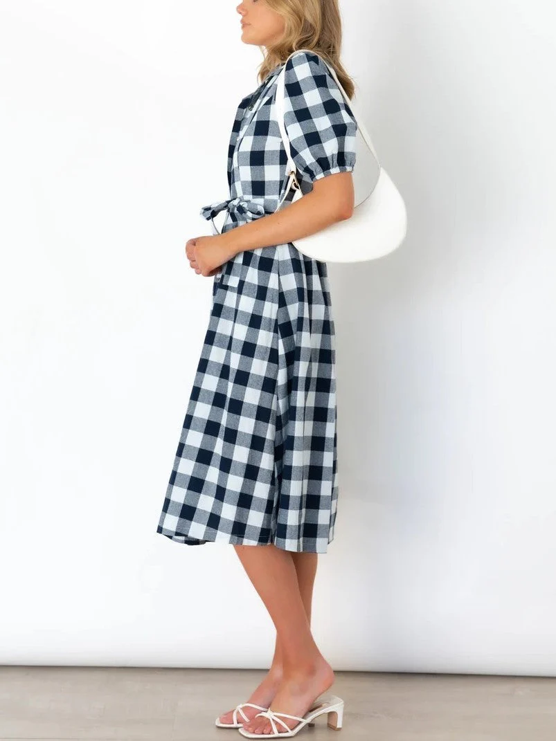 Lapel Button Plaid Dress - Image 2