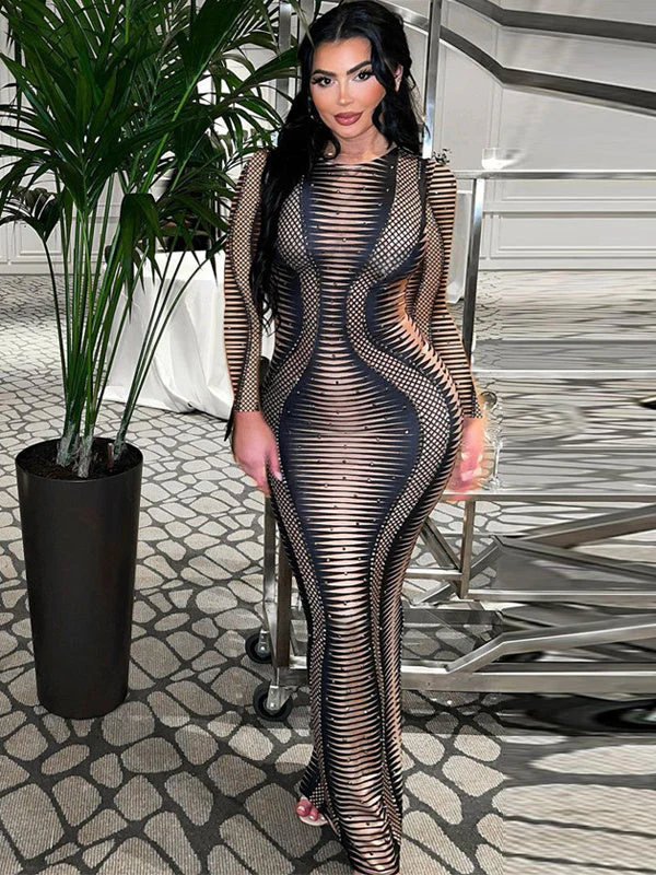 Printed Long Sleeve Slim Fit Slit Dress