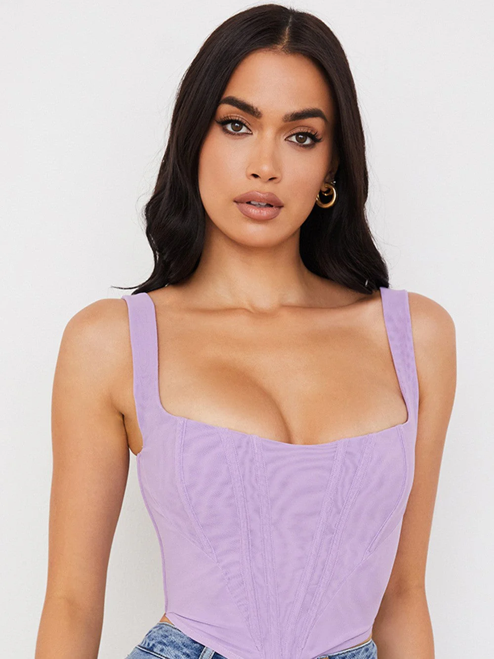 Fishbone Square Neck Cropped Navel Outer Sling Top - Image 14