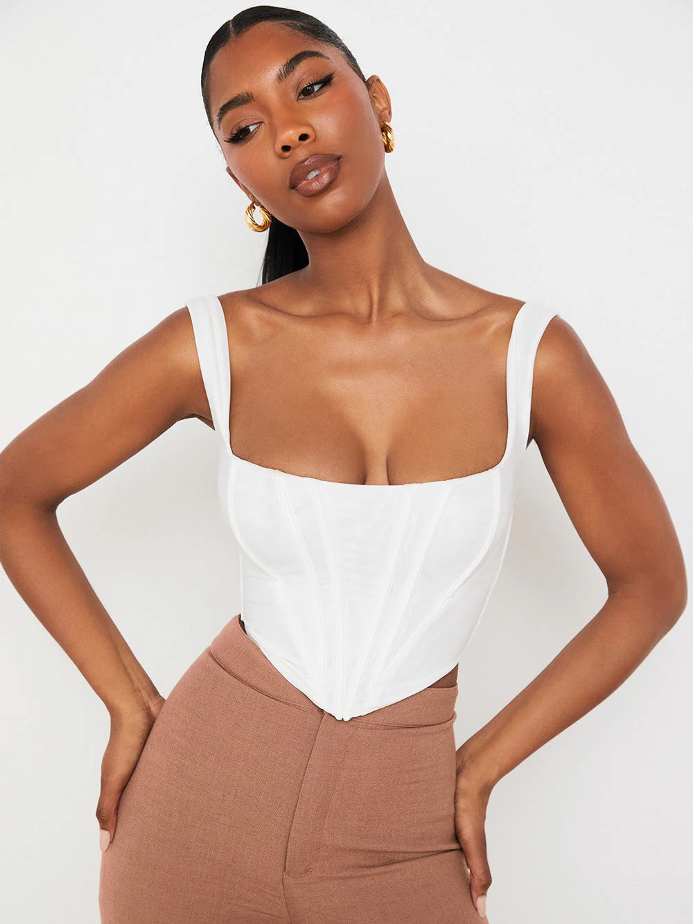 Fishbone Square Neck Cropped Navel Outer Sling Top - Image 4