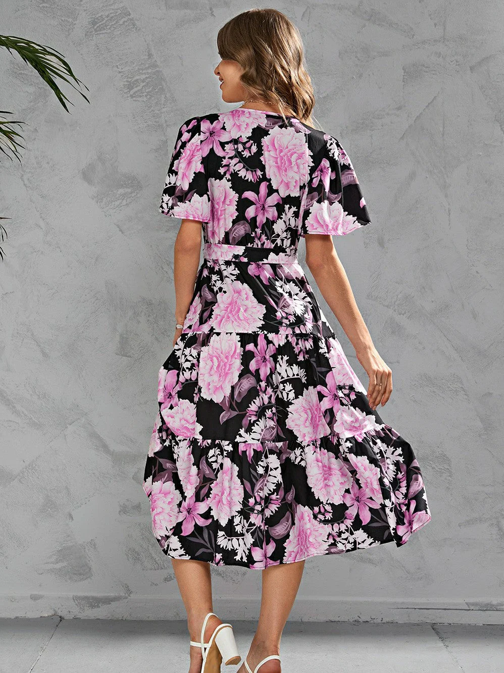 Printed Lace-up Short Sleeve Dress - Image 3