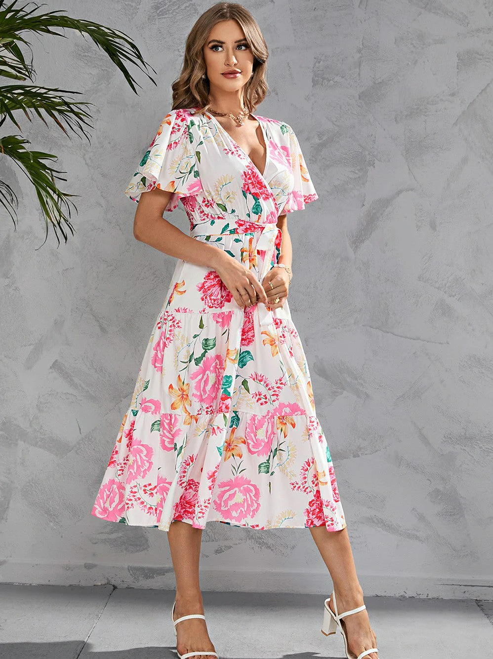 Printed Lace-up Short Sleeve Dress - Image 4