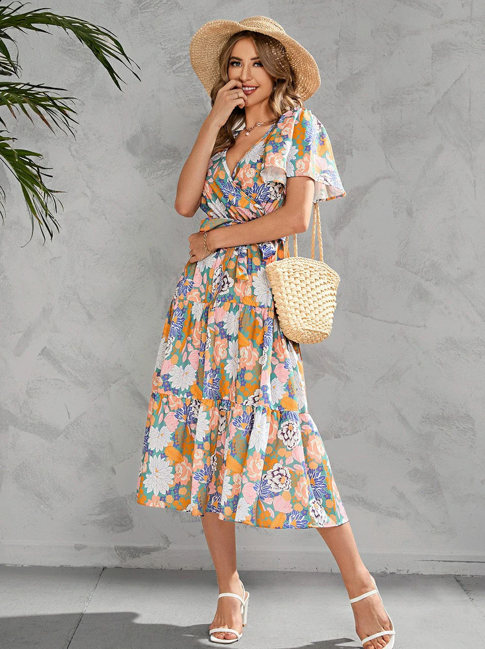 Printed Lace-up Short Sleeve Dress - Image 5