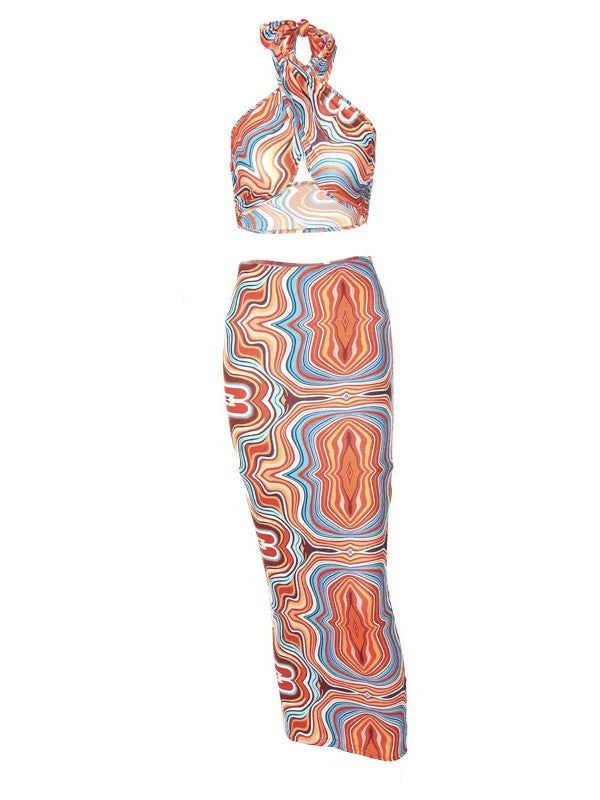 Printed Halter Halter Lace Up Bra Skirt Set - Image 5