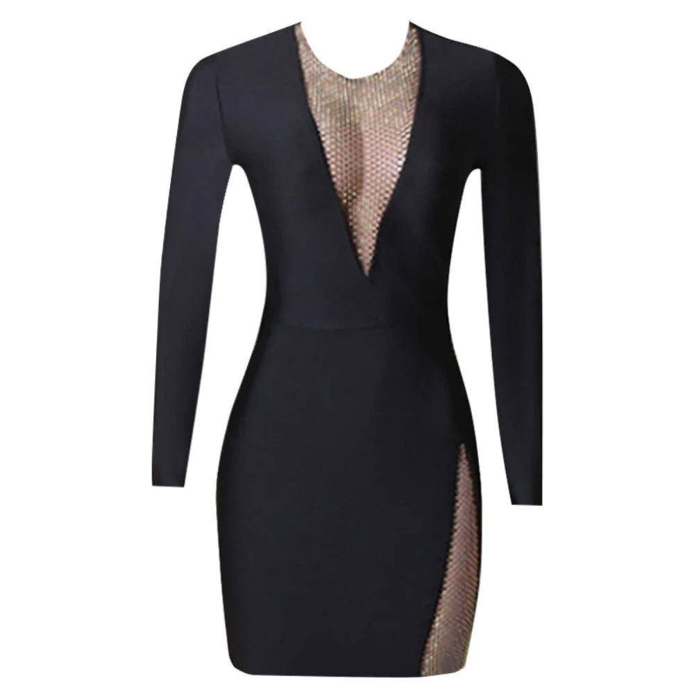 Round Neck Long Sleeve Mini Rhinestone Bandage Dress PZL3002 - Image 4