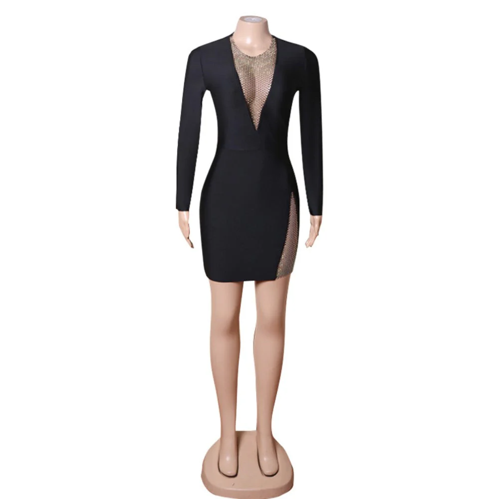 Round Neck Long Sleeve Mini Rhinestone Bandage Dress PZL3002 - Image 5