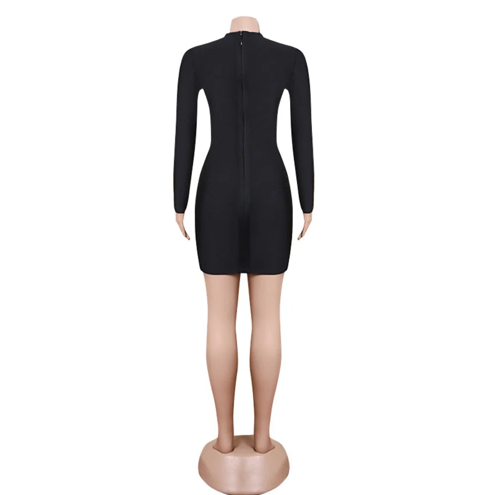 Round Neck Long Sleeve Mini Rhinestone Bandage Dress PZL3002 - Image 6