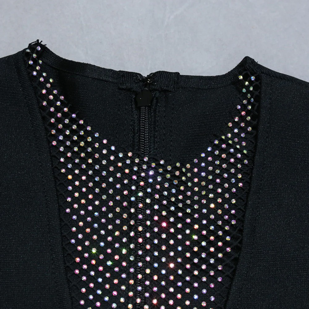 Round Neck Long Sleeve Mini Rhinestone Bandage Dress PZL3002 - Image 7