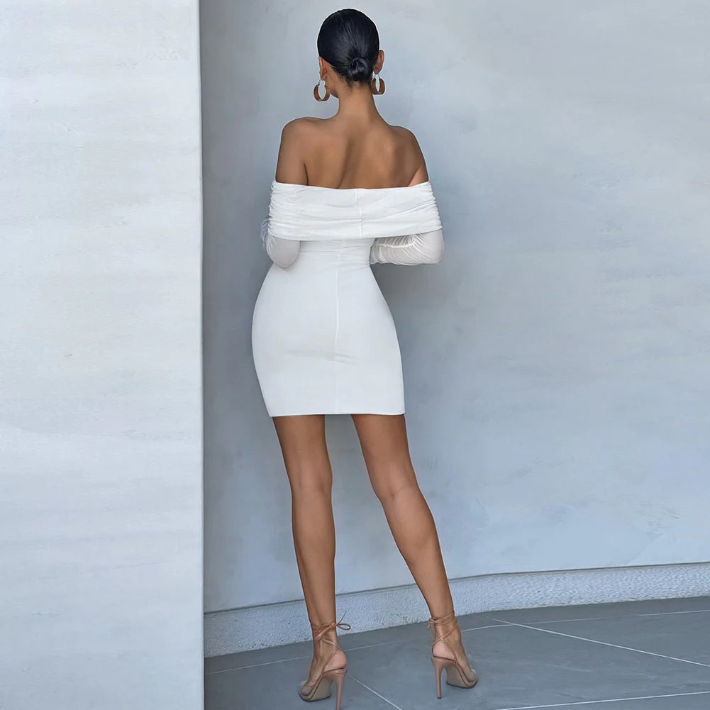 Off Shoulder Long Sleeve Frill Mini Bandage Dress PP21827 - Image 4