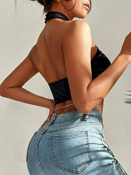 Solid Black Knit Chain Velvet Halter Tank Top - Image 2