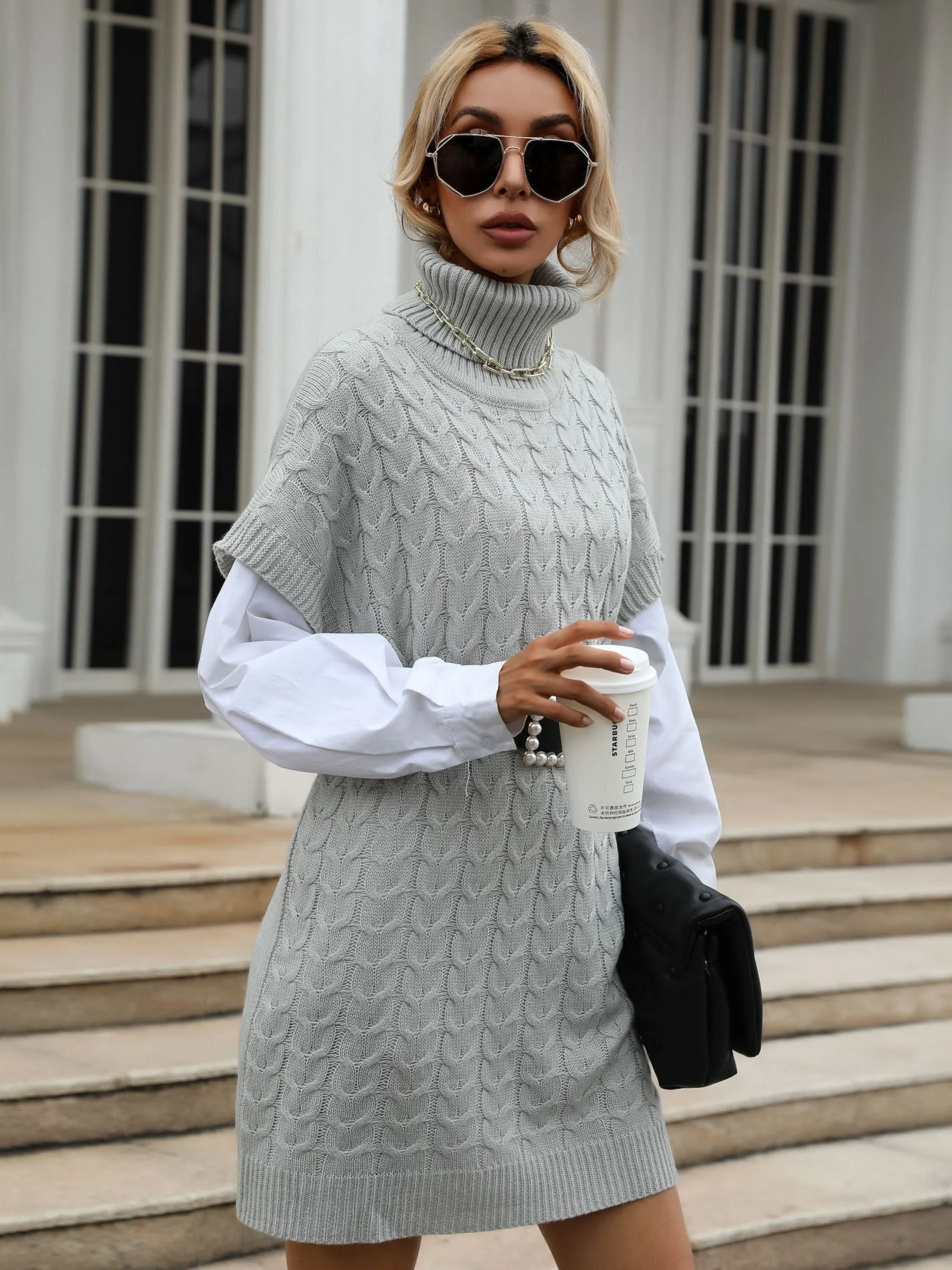 Solid high neck knitted dress - Image 4