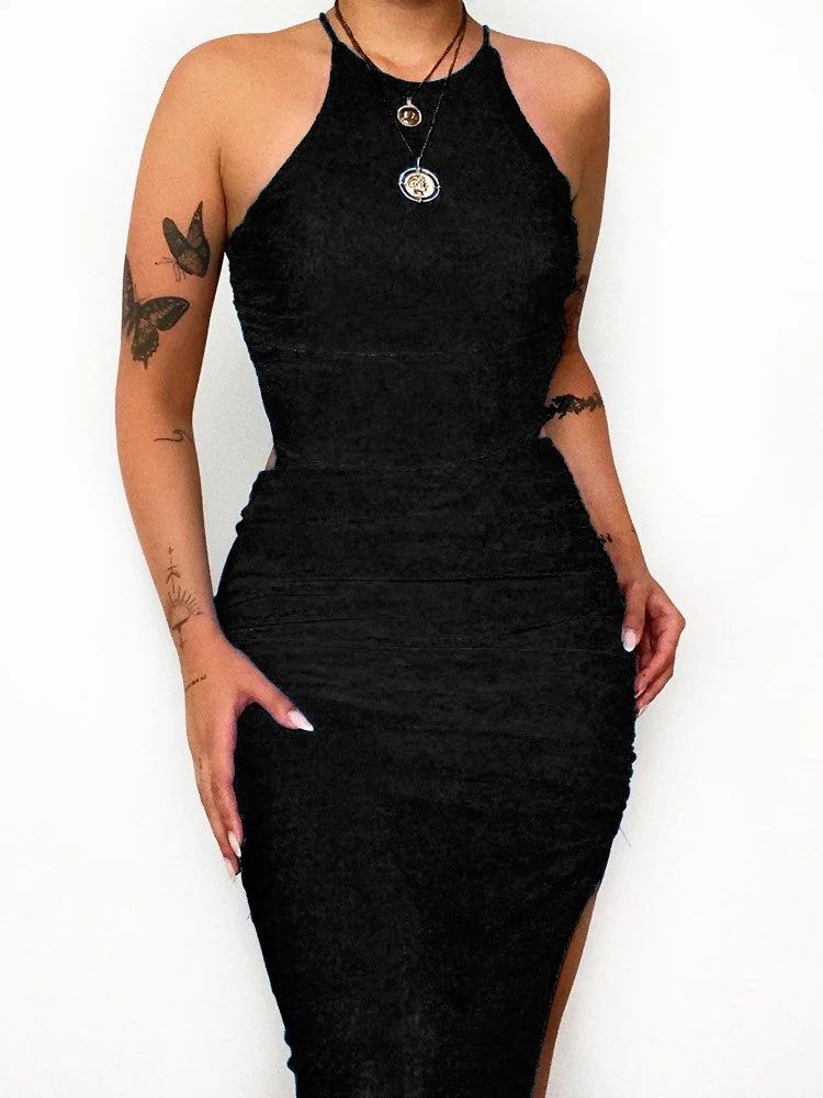 Solid Halter BacklessPleated Split Dress - Image 2