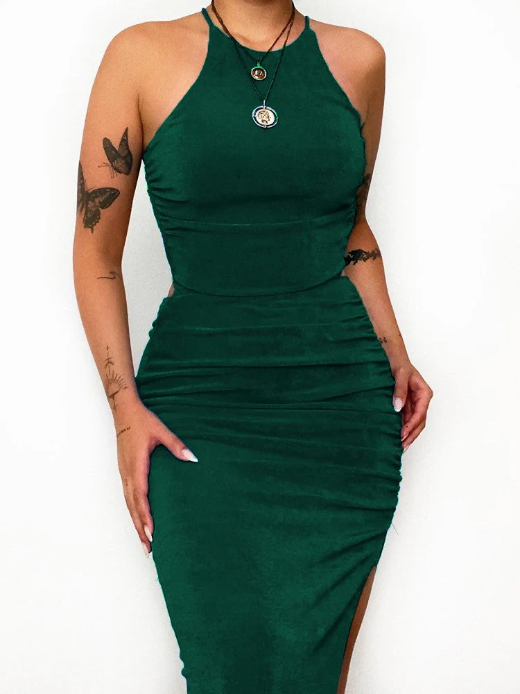 Solid Halter BacklessPleated Split Dress - Image 3