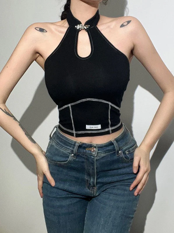 Solid Color Slim Fit Fashion Label Backless Halter Tank Top - Image 2