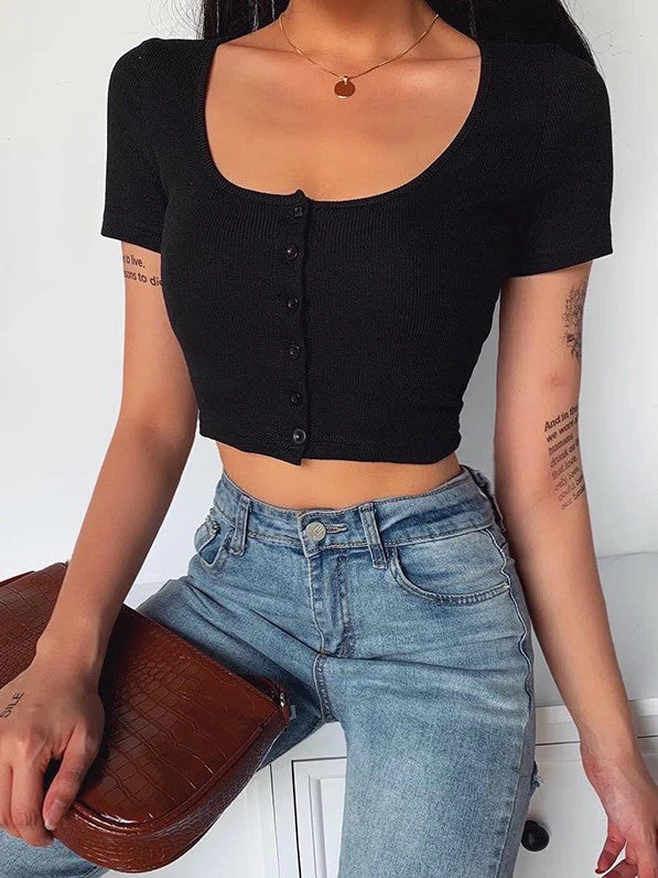 Solid Color Simple Casual Square Neck Top T-Shirt - Image 2