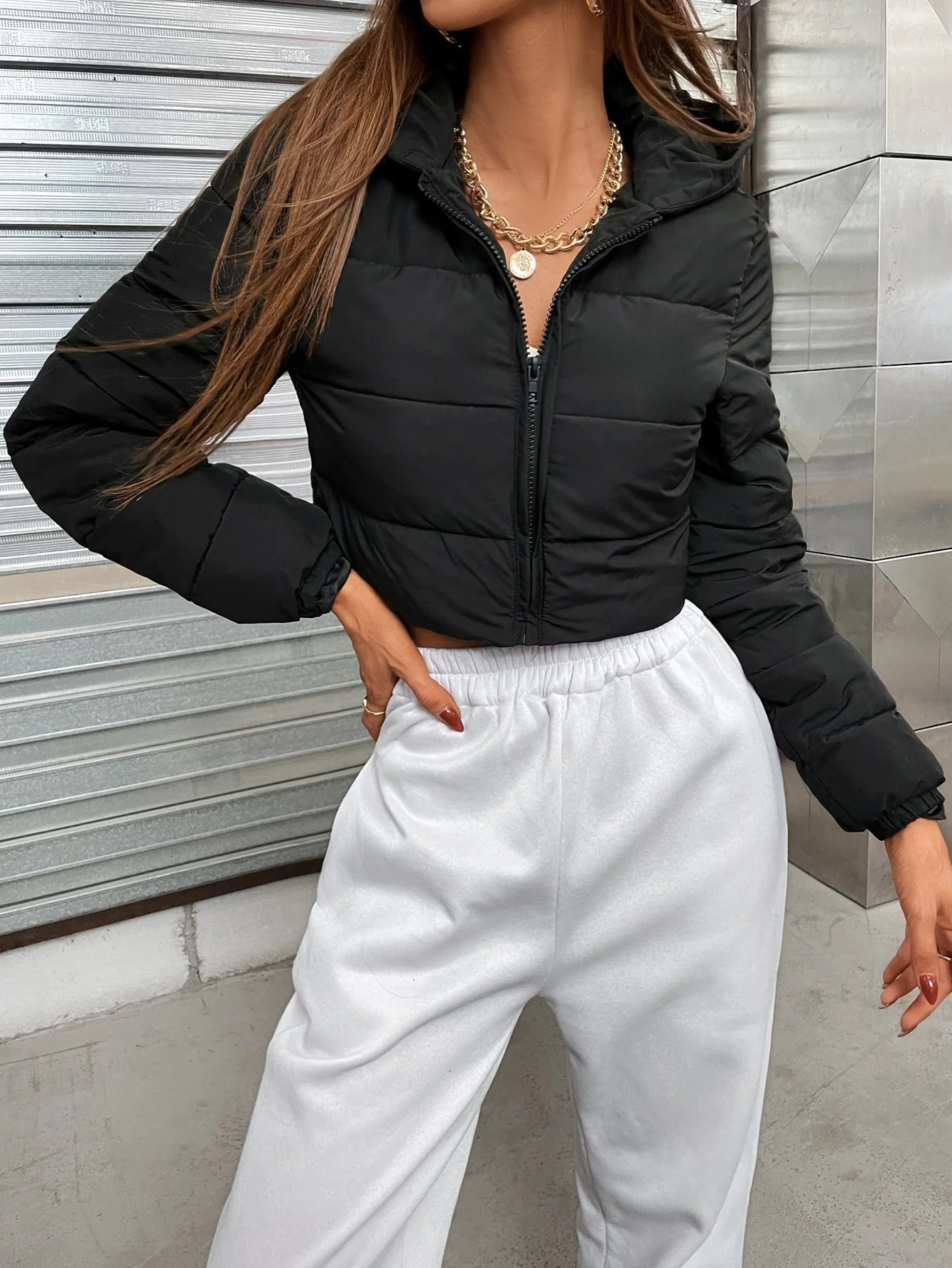 Zip Up Hooded Crop Puffer Coat - Image 10