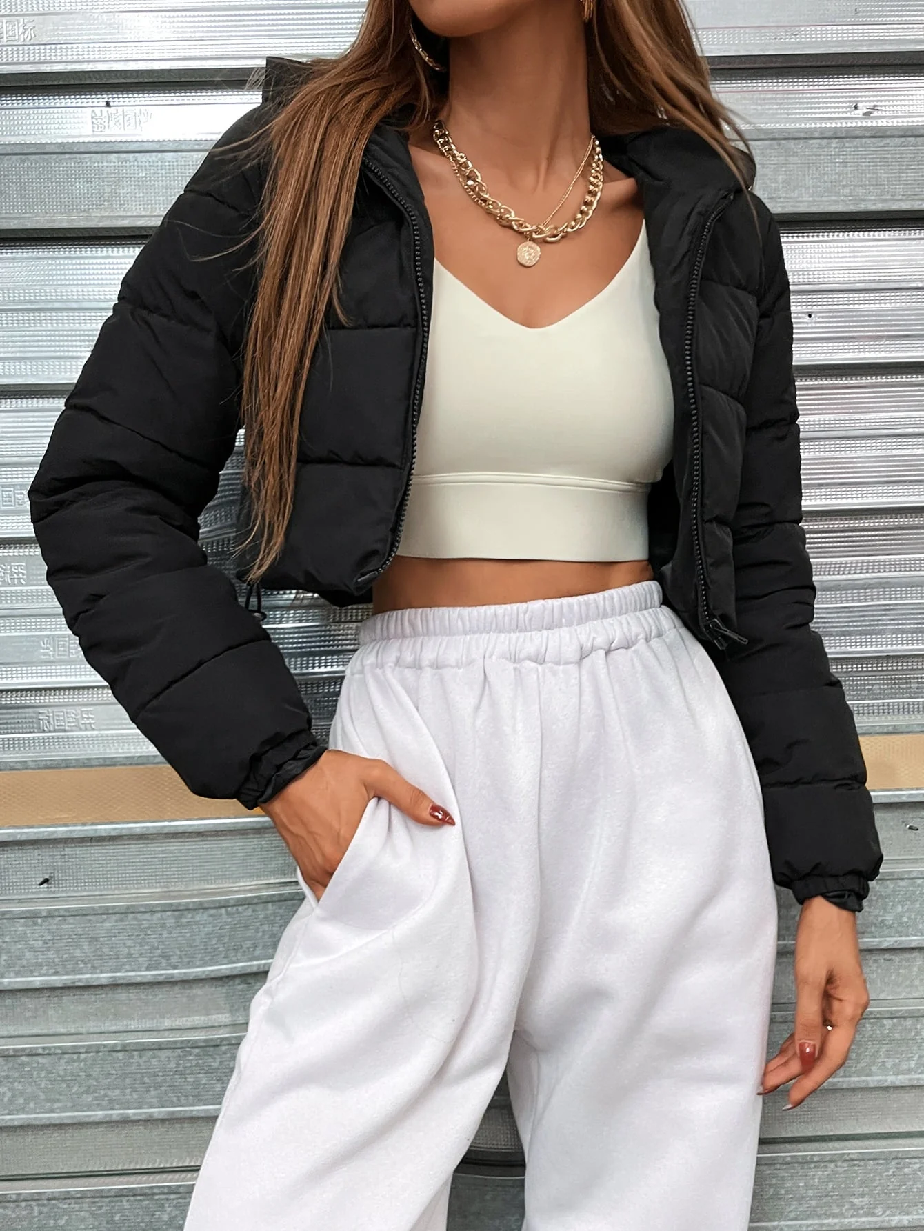 Zip Up Hooded Crop Puffer Coat - Image 11