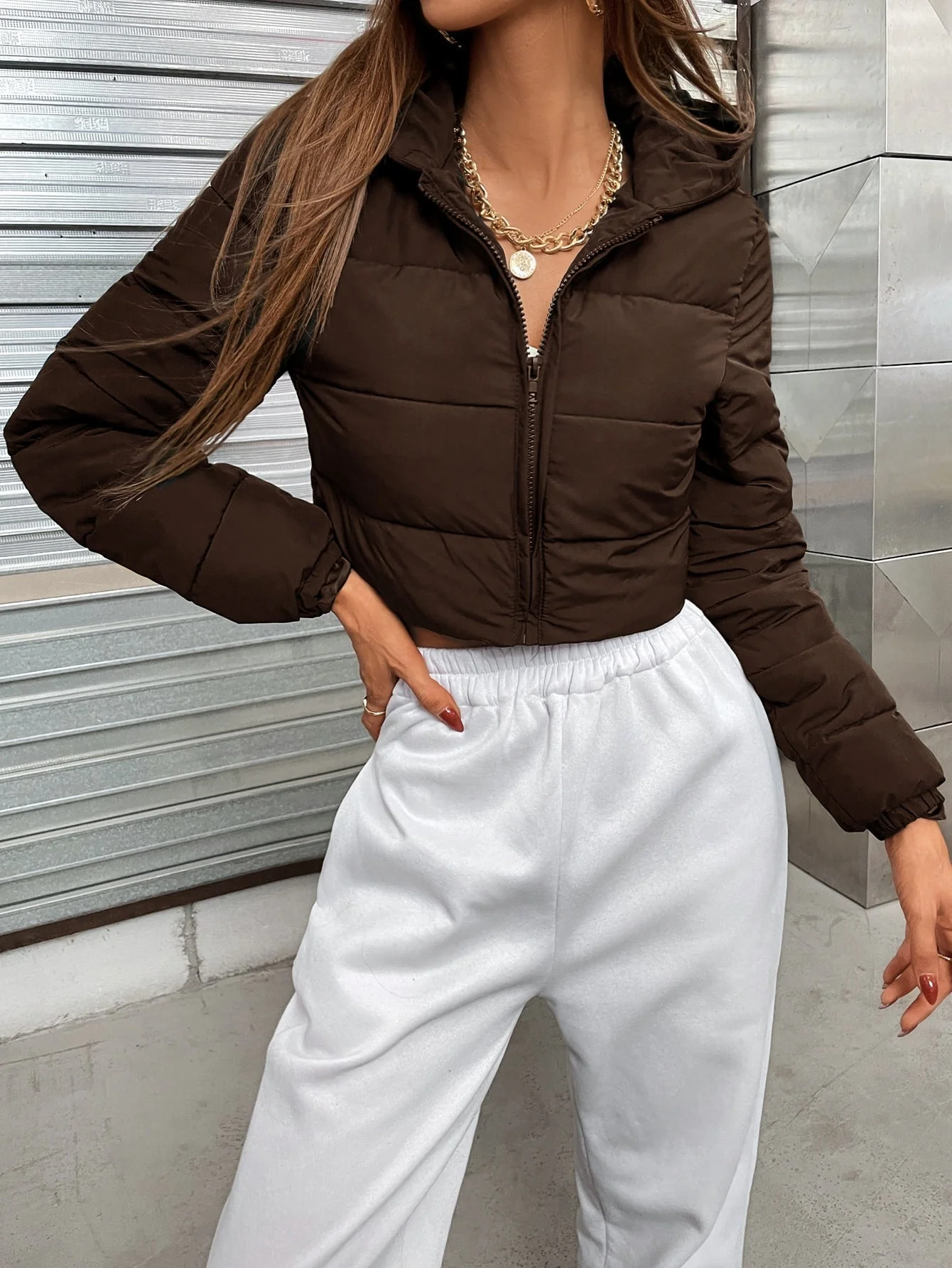 Zip Up Hooded Crop Puffer Coat - Image 13