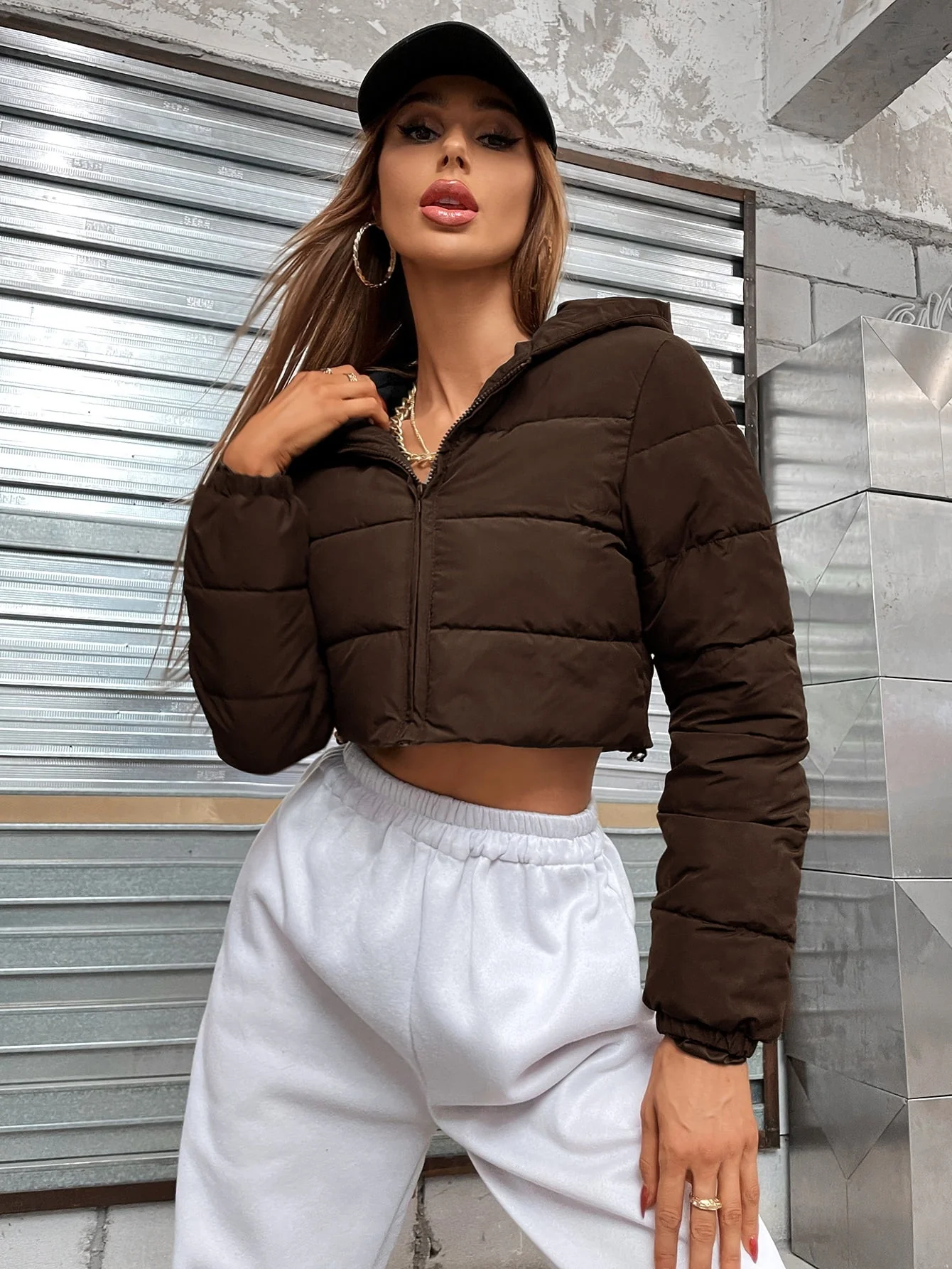 Zip Up Hooded Crop Puffer Coat - Image 2