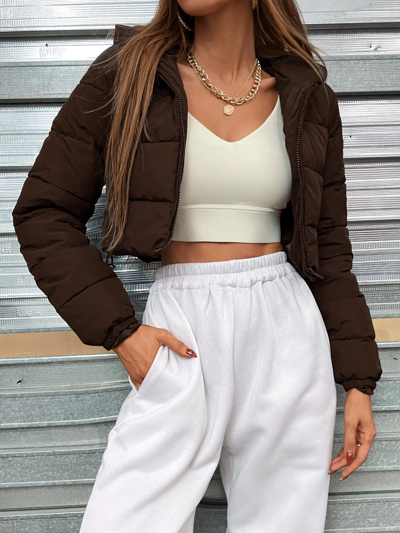 Zip Up Hooded Crop Puffer Coat - Image 4