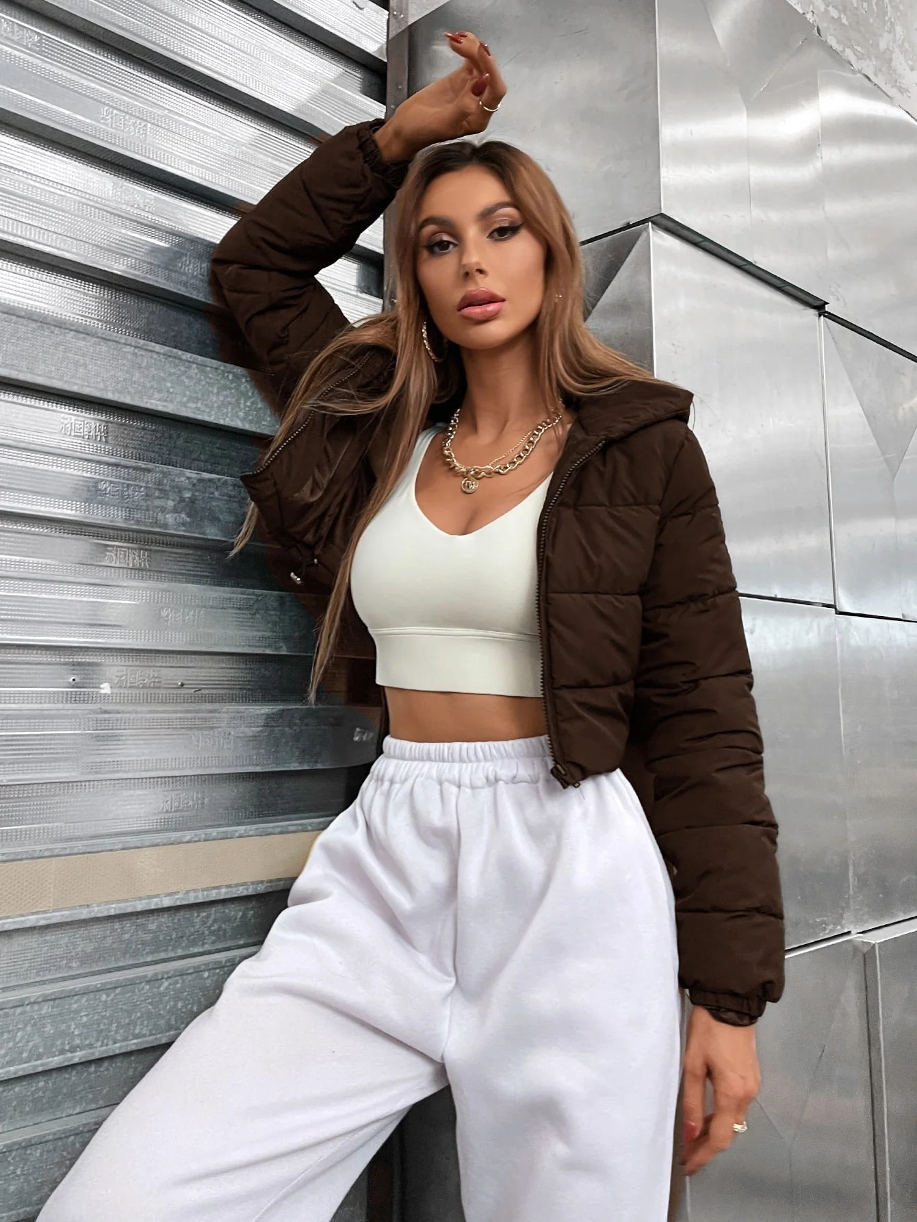 Zip Up Hooded Crop Puffer Coat - Image 5