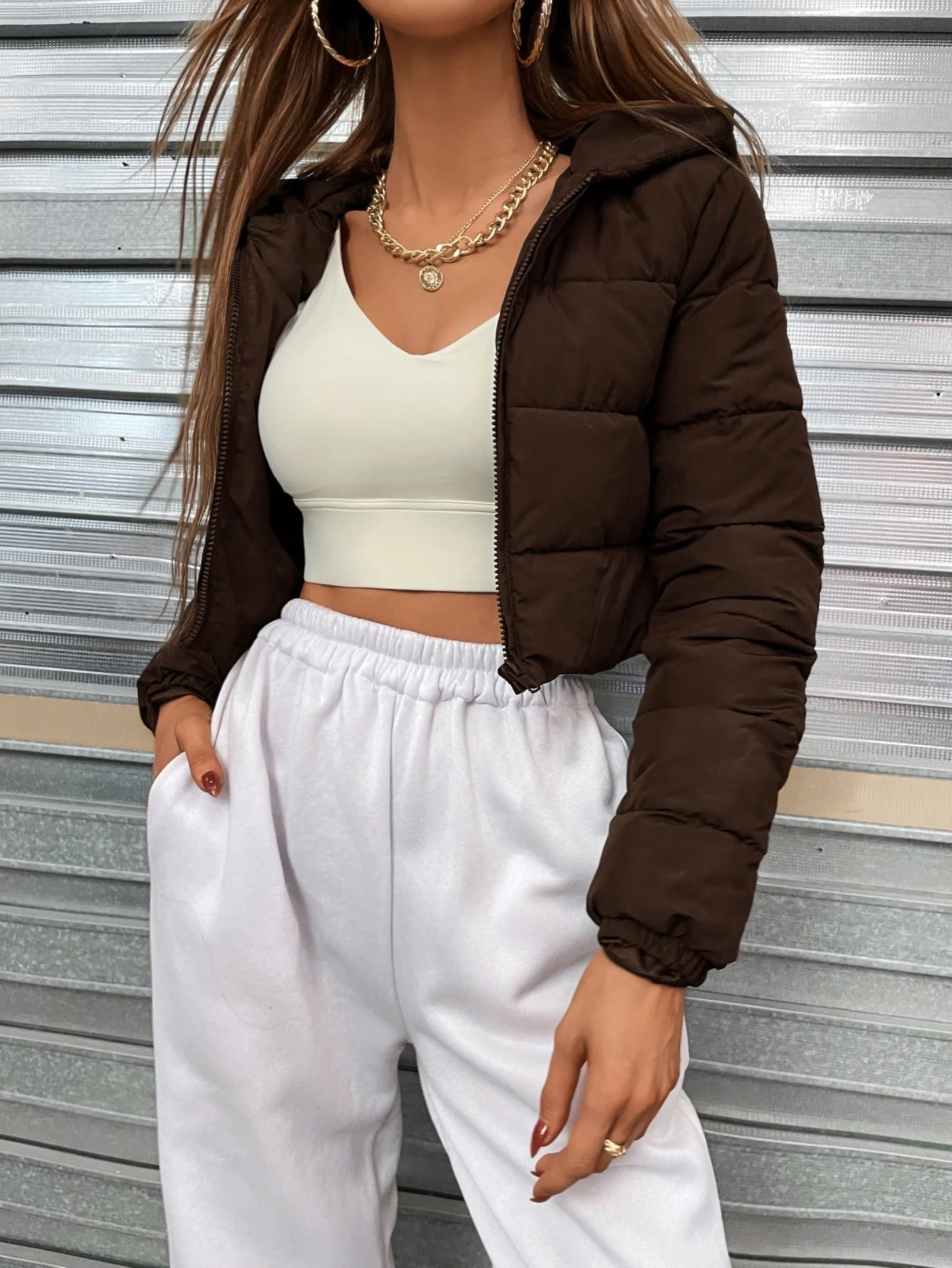 Zip Up Hooded Crop Puffer Coat - Image 6
