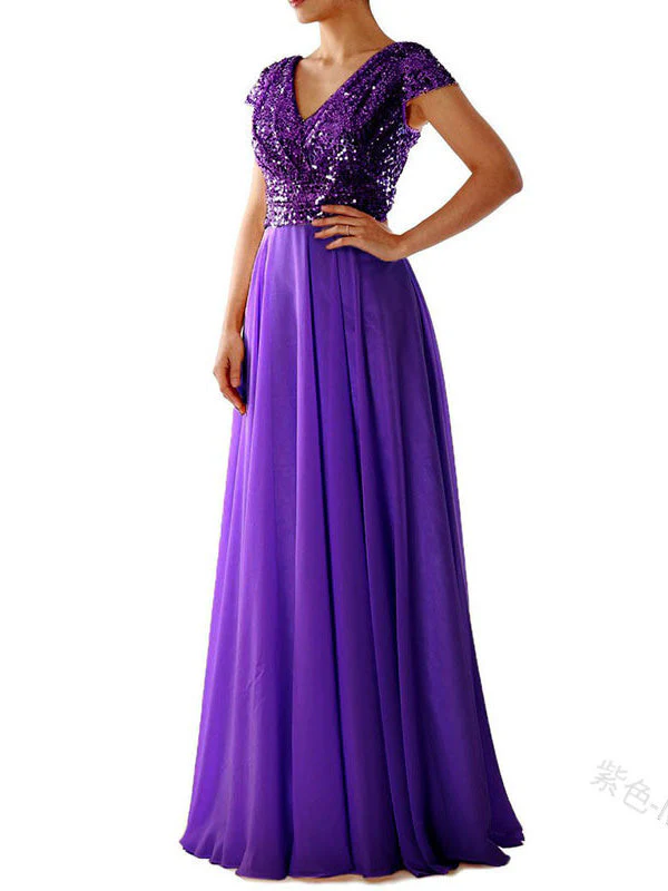 V-neck Sequined Chiffon Panel Evening Dress Bridesmaid Dress - Image 3