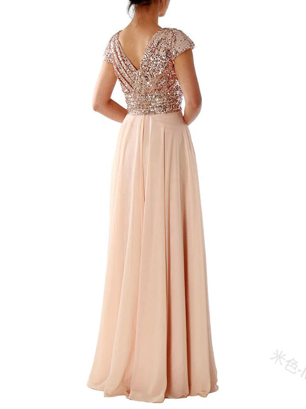 V-neck Sequined Chiffon Panel Evening Dress Bridesmaid Dress - Image 4