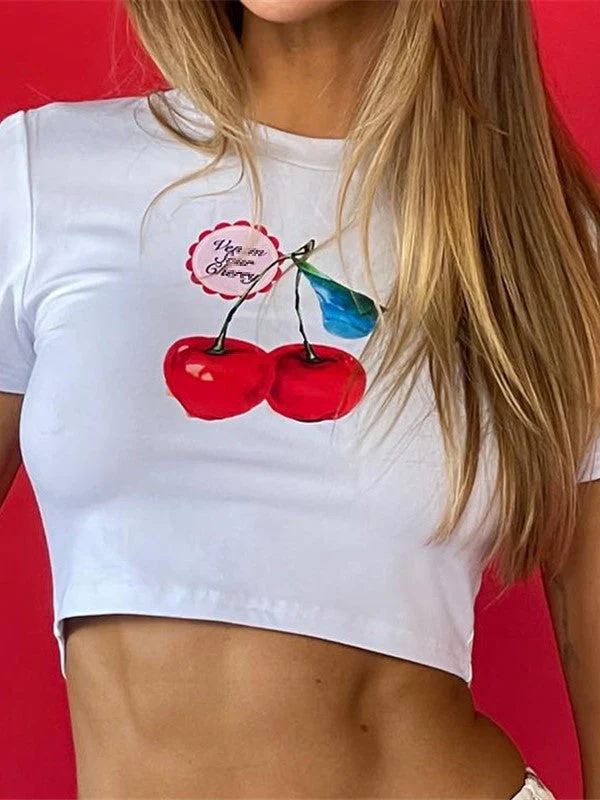 Sweet Cherry Print Crop Short Sleeve T-Shirt - Image 2