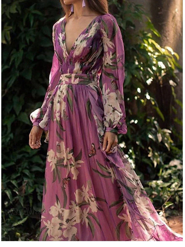 V-Neck Long Sleeve Printed Swing Dress - Image 2
