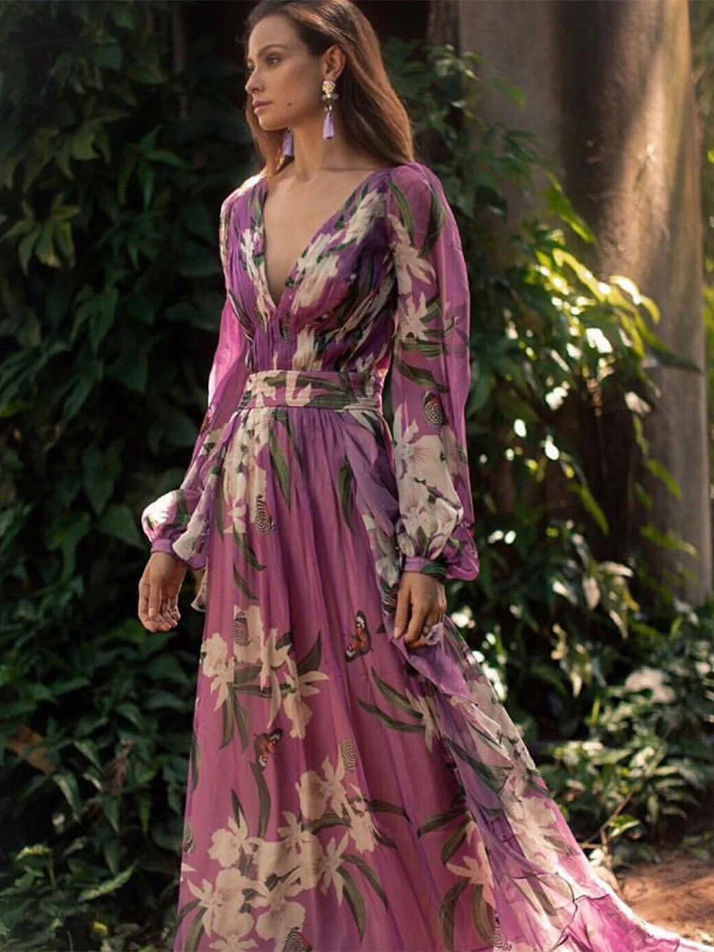V-Neck Long Sleeve Printed Swing Dress - Image 3