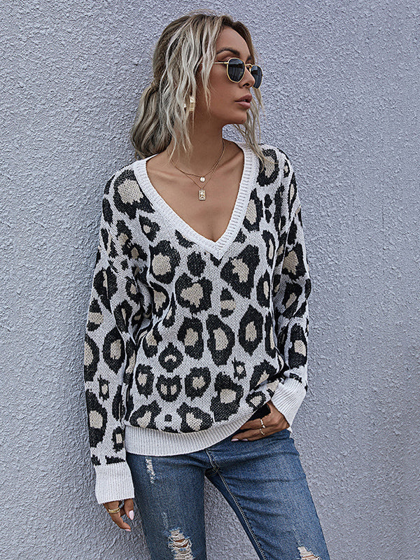 V-neck Leopard Print Knit Sweater