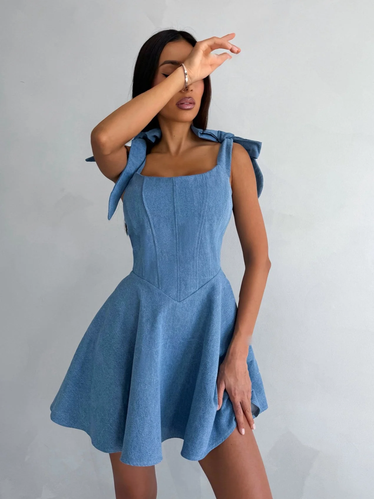 Bella Bow-Tie Denim Mini Dress - Image 3