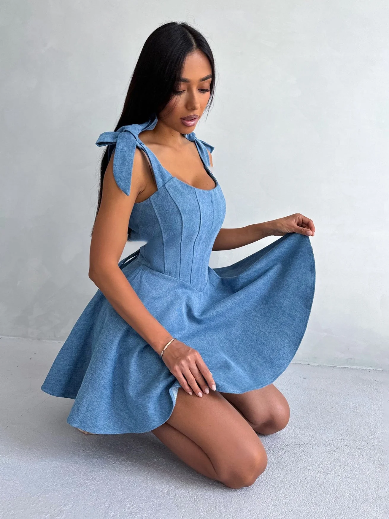 Bella Bow-Tie Denim Mini Dress - Image 4